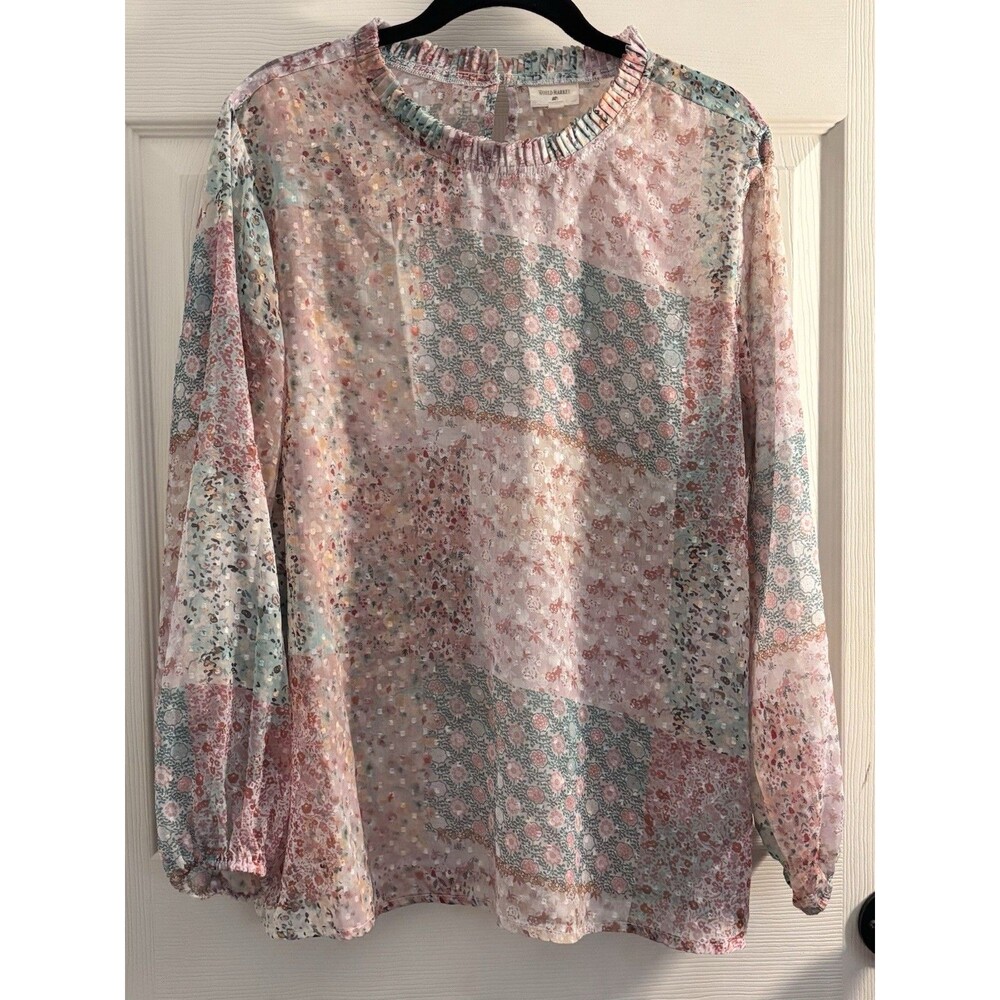 World Market Patchwork Floral‎ Blouse L/XL Boho Peasant Top Long Sleeve